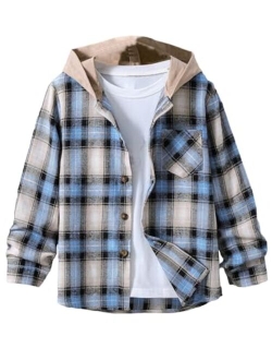 Boy's Plaid Button Front Long Sleeve Hooded Shirt Casual Tops