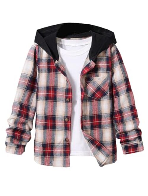 WDIRARA Boy's Plaid Button Front Long Sleeve Hooded Shirt Casual Tops