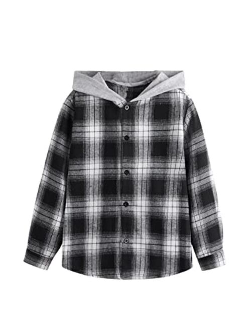 WDIRARA Boy's Plaid Button Front Long Sleeve Hooded Shirt Casual Tops