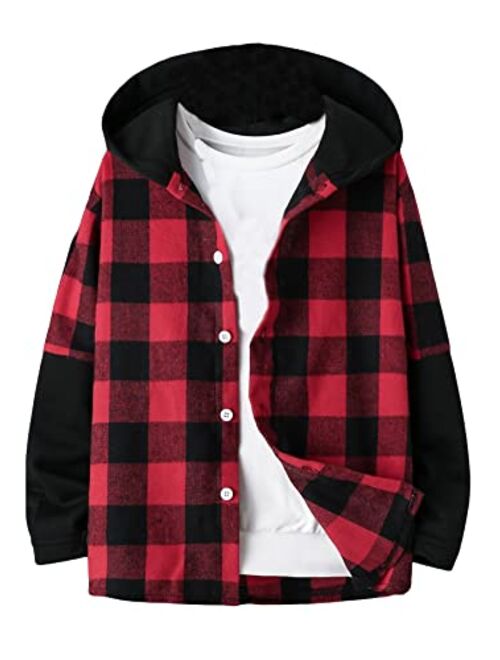 WDIRARA Boy's Plaid Button Front Long Sleeve Hooded Shirt Casual Tops