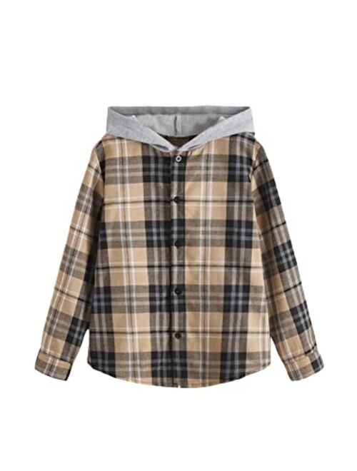 WDIRARA Boy's Plaid Button Front Long Sleeve Hooded Shirt Casual Tops