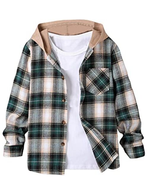 WDIRARA Boy's Plaid Button Front Long Sleeve Hooded Shirt Casual Tops