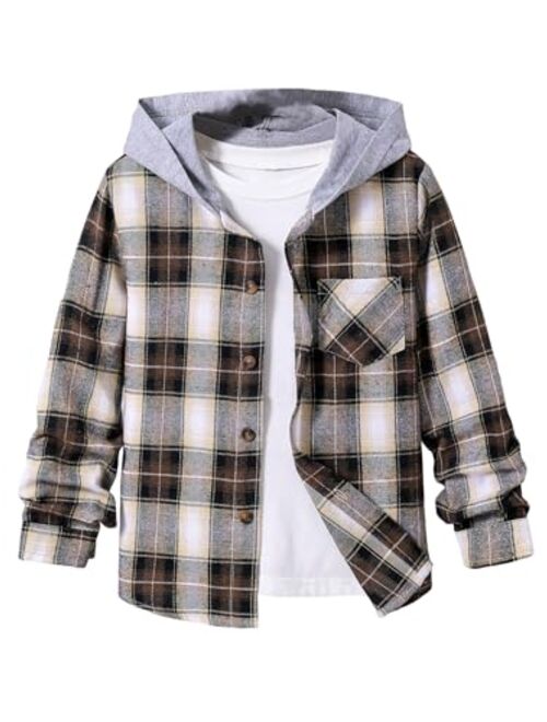 WDIRARA Boy's Plaid Button Front Long Sleeve Hooded Shirt Casual Tops