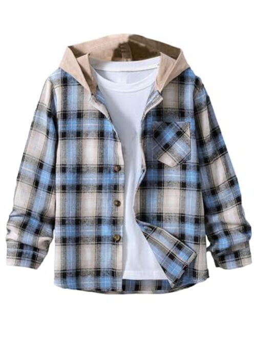 WDIRARA Boy's Plaid Button Front Long Sleeve Hooded Shirt Casual Tops