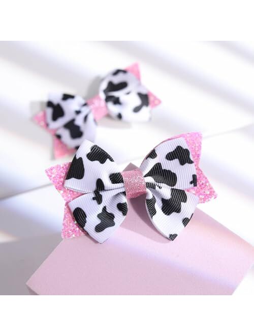 Ncmama 2PCS Cow Print Hair Bow Clips for Girls, Cute Moo Cow Bows Pink Grosgrain Ribbon Alligator Clips Hair Accessories for Toddler Infant Children kids Women Girls Cow 