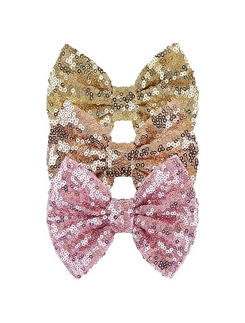 Lanmerry Hair Bows for Girls Alligator Hair Clips Kids Hair Accessories for Girls 5" Sequins Big Bows Babies Toddlers Teens Girls Bow Hair Clip Bow Light Gold