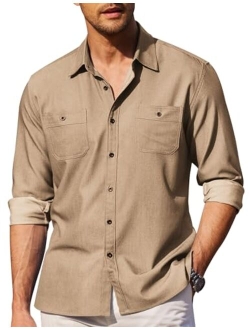 Mens Casual Button Down Shirts Long Sleeve Chambray Shirts Wrinkle Free Shirt