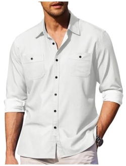 Mens Casual Button Down Shirts Long Sleeve Chambray Shirts Wrinkle Free Shirt