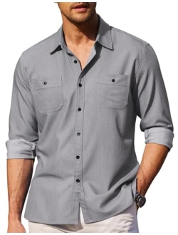 Mens Casual Button Down Shirts Long Sleeve Chambray Shirts Wrinkle Free Shirt