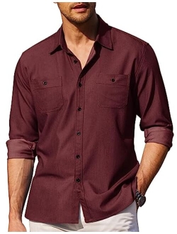 Mens Casual Button Down Shirts Long Sleeve Chambray Shirts Wrinkle Free Shirt