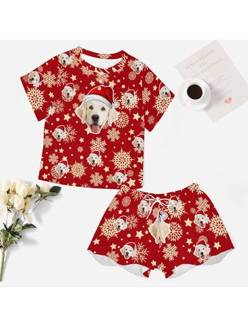 D-Story Custom Short Pajama Set with Pet Face Personalized Photo Sleepwear 2 Pieces Pjs Nightwear Xmas Gift for Women