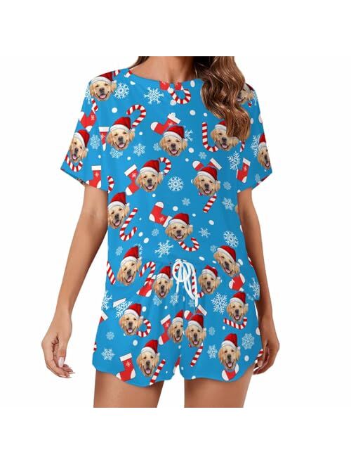 D-Story Custom Short Pajama Set with Pet Face Personalized Photo Sleepwear 2 Pieces Pjs Nightwear Xmas Gift for Women