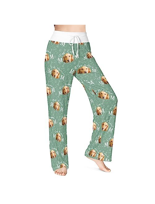 Cowcute Custom Womens Sleep Pants Pajama Pants for Dog Cat Mom, Personalized Funny Pajamas Bottoms with Pet Face Photo & Name