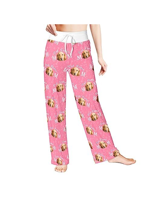 Cowcute Custom Womens Sleep Pants Pajama Pants for Dog Cat Mom, Personalized Funny Pajamas Bottoms with Pet Face Photo & Name