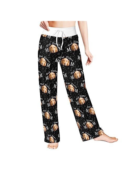 Cowcute Custom Womens Sleep Pants Pajama Pants for Dog Cat Mom, Personalized Funny Pajamas Bottoms with Pet Face Photo & Name