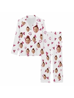 Artsadd Custom Face Pajama Set for Women Personalized Photo Pajamas Pants Pink Print Long Sleeve Button Nightwear