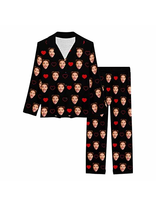 Artsadd Custom Face Pajama Set for Women Personalized Photo Pajamas Pants Pink Print Long Sleeve Button Nightwear