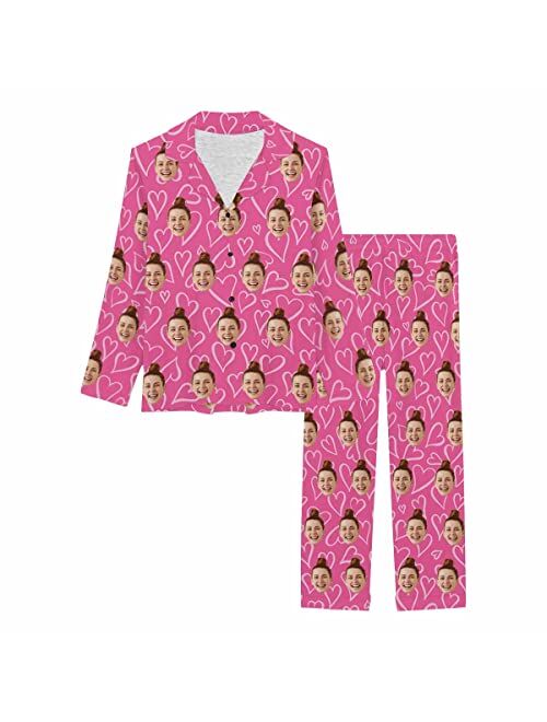 Artsadd Custom Face Pajama Set for Women Personalized Photo Pajamas Pants Pink Print Long Sleeve Button Nightwear