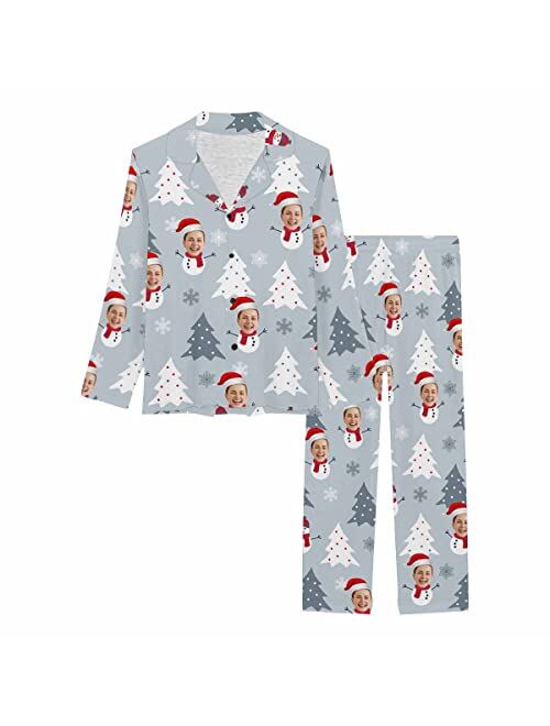 Artsadd Custom Face Pajama Set for Women Personalized Photo Pajamas Pants Pink Print Long Sleeve Button Nightwear