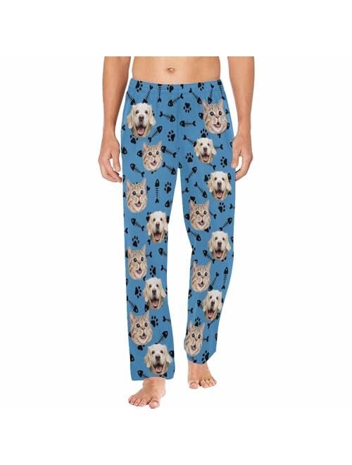 Yescustom Personalized Dog Cat Photo Face Pajama Pants for Men Custom Dog Paws Fish Bones Pajama Sleepwear Bottoms with Pockets