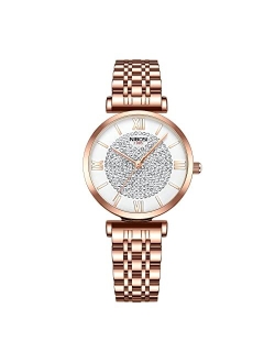 NIBOSI Women's Watch Analog Quartz Rose Gold Diamond Wrist Watch for Ladies Stylish Stainless Steel Gold Dress Watch Girl Gift