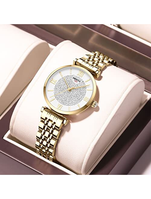 NIBOSI Women's Watch Analog Quartz Rose Gold Diamond Wrist Watch for Ladies Stylish Stainless Steel Gold Dress Watch Girl Gift