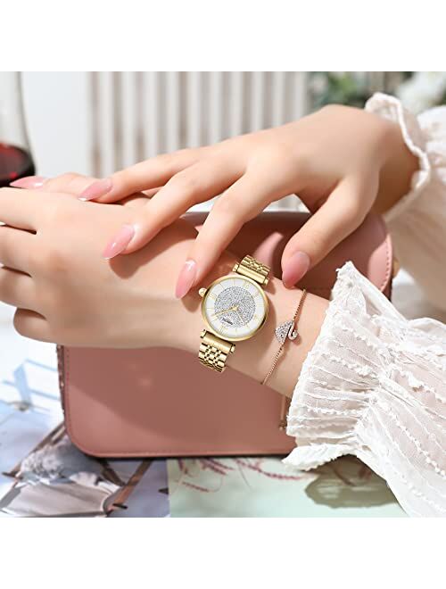 NIBOSI Women's Watch Analog Quartz Rose Gold Diamond Wrist Watch for Ladies Stylish Stainless Steel Gold Dress Watch Girl Gift