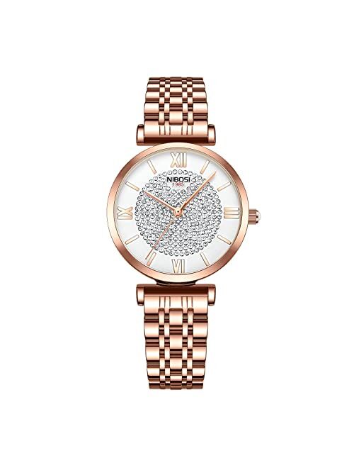 NIBOSI Women's Watch Analog Quartz Rose Gold Diamond Wrist Watch for Ladies Stylish Stainless Steel Gold Dress Watch Girl Gift