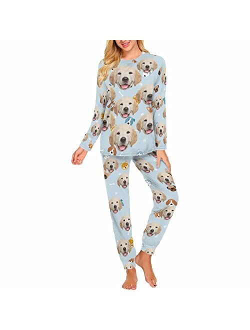 InterestPrint Custom Pajamas Print Face for Women Long Sleeve Pajama Set PerMenalized Photo Soft Lounge Pj Set