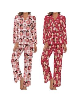 COLORSFORU Custom Women's Long Pajama Set with Face, Personalized Dog Cat Pjs Nightwear Photo on Sleepwear Loungewear