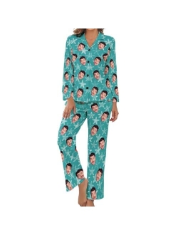 COLORSFORU Custom Women's Long Pajama Set with Face, Personalized Dog Cat Pjs Nightwear Photo on Sleepwear Loungewear