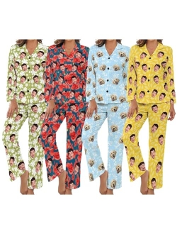 COLORSFORU Custom Women's Long Pajama Set with Face, Personalized Dog Cat Pjs Nightwear Photo on Sleepwear Loungewear