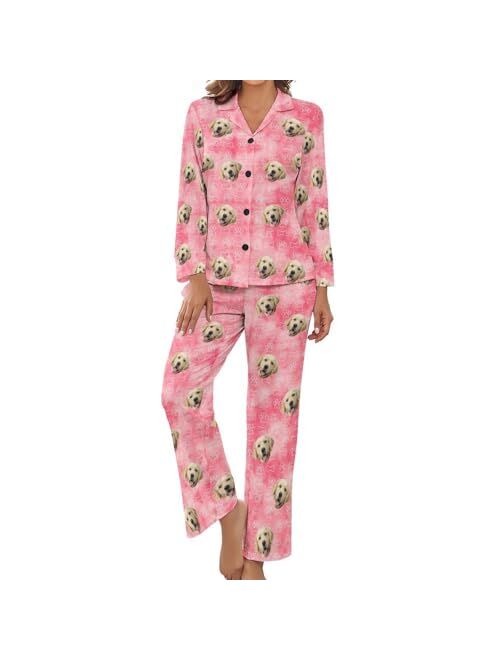 COLORSFORU Custom Women's Long Pajama Set with Face, Personalized Dog Cat Pjs Nightwear Photo on Sleepwear Loungewear