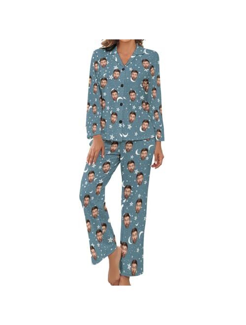 COLORSFORU Custom Women's Long Pajama Set with Face, Personalized Dog Cat Pjs Nightwear Photo on Sleepwear Loungewear