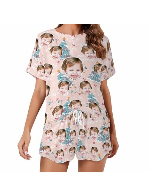 Jaydouble Custom Short Pajamas Set with Face Photo Womens Sleepwear Tee Personalized PJ Short Loungewear Set fot Her