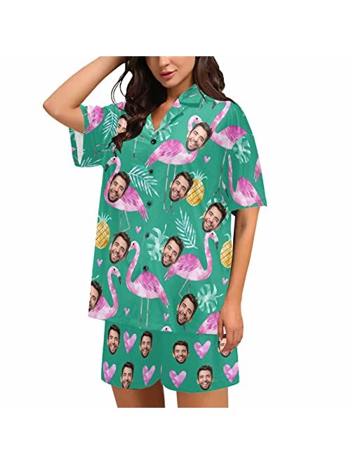 InterestPrint Custom Face Womens V-Neck Short Pajamas Personalized Pet Shirt PJ Sets Casual Sleepwear 2 Pieces Pjs