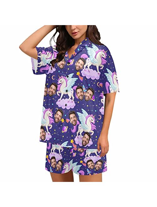 InterestPrint Custom Face Womens V-Neck Short Pajamas Personalized Pet Shirt PJ Sets Casual Sleepwear 2 Pieces Pjs