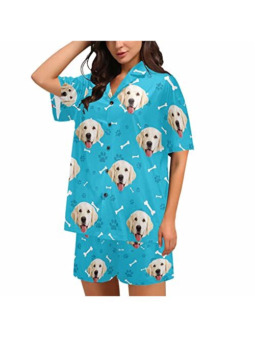 InterestPrint Custom Face Womens V-Neck Short Pajamas Personalized Pet Shirt PJ Sets Casual Sleepwear 2 Pieces Pjs