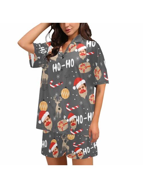 InterestPrint Custom Face Womens V-Neck Short Pajamas Personalized Pet Shirt PJ Sets Casual Sleepwear 2 Pieces Pjs