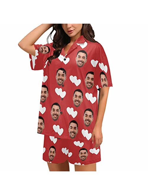 InterestPrint Custom Face Womens V-Neck Short Pajamas Personalized Pet Shirt PJ Sets Casual Sleepwear 2 Pieces Pjs