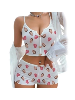 M YESCUSTOM Custom Pajama Sets with Face Personalized Customized Photo Sleepwear PJS for Women Cami Top and Shorts Two Piece