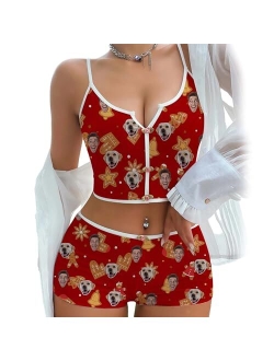 M YESCUSTOM Custom Pajama Sets with Face Personalized Customized Photo Sleepwear PJS for Women Cami Top and Shorts Two Piece