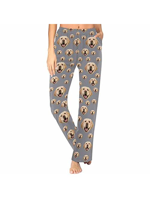 D-Story Personalized Pajamas Pants for Women Custom Cute Face Dog Pet Photo Pajama Bottoms with Pockets XS-2XL