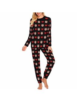 Artsadd Custom Funny Face Womens' Pajama,Red Santa Hat Pajamas,Personalized Long Sleeve Pjm Sets Sleepwear,Xmas Gifts