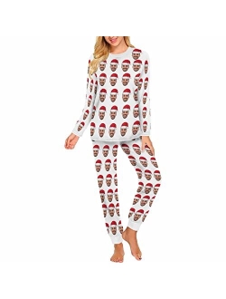 Artsadd Custom Funny Face Womens' Pajama,Red Santa Hat Pajamas,Personalized Long Sleeve Pjm Sets Sleepwear,Xmas Gifts