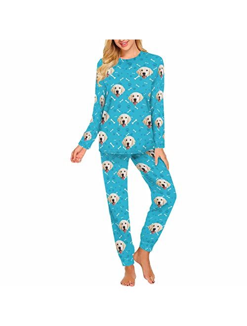 Artsadd Custom Funny Face Womens' Pajama,Red Santa Hat Pajamas,Personalized Long Sleeve Pjm Sets Sleepwear,Xmas Gifts