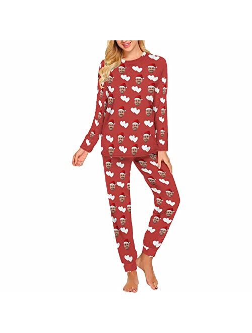 Artsadd Custom Funny Face Womens' Pajama,Red Santa Hat Pajamas,Personalized Long Sleeve Pjm Sets Sleepwear,Xmas Gifts