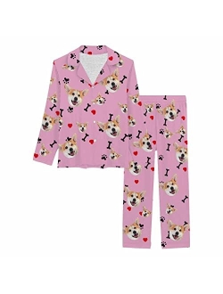 Artsadd Custom dog face paws bones pink Pajama Set for Women Personalized Picture Print Long Sleeve Sets Sleepwear Nightwear