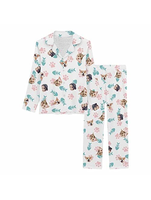 Artsadd Custom dog face paws bones pink Pajama Set for Women Personalized Picture Print Long Sleeve Sets Sleepwear Nightwear