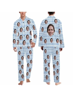 Interestprint Custom Face Pajama Set for Men Picture Print Personalized Long Sleeve Sleepwear Button Down Nightwear Gift for Husband